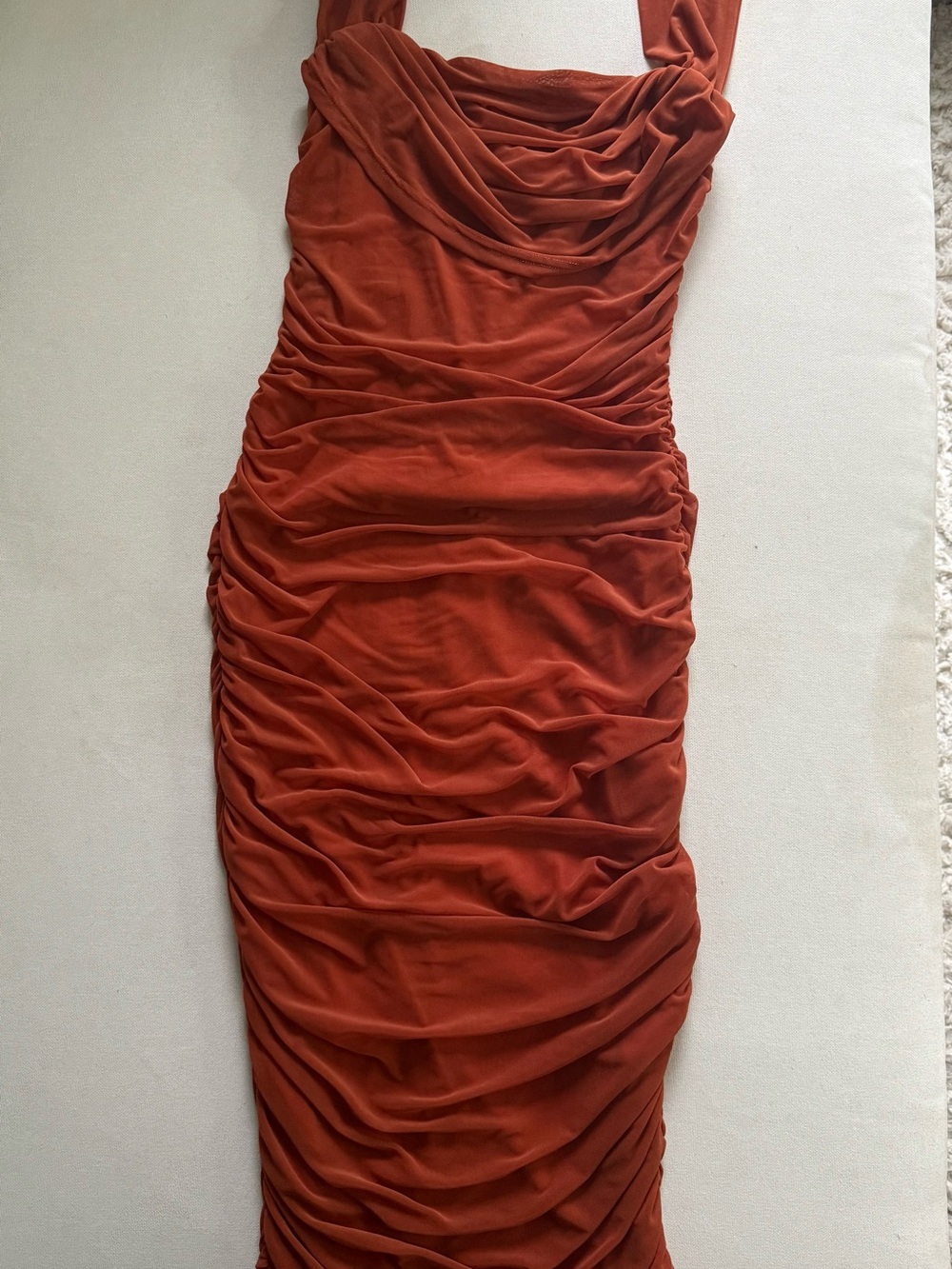 Ruched Cowl-Neck Women's Dress in Burnt Orange